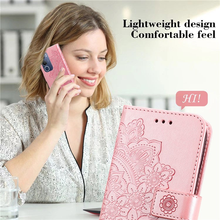 For vivo Y19s 4G Case PU Leather Wallet Floral Phone Cover Stand View - Pink