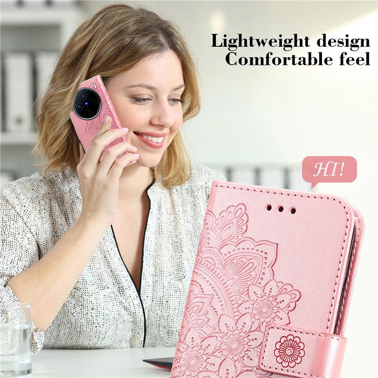 For vivo X200 5G Case PU Leather Wallet Floral Phone Cover Stand View - Pink