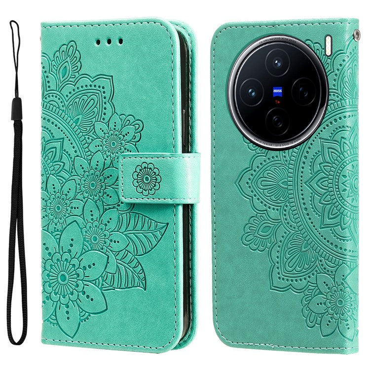 For vivo X200 5G Case PU Leather Wallet Floral Phone Cover Stand View - Green