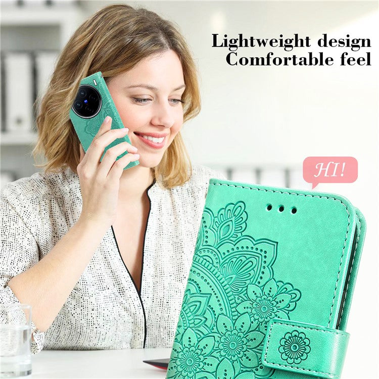 For vivo X200 5G Case PU Leather Wallet Floral Phone Cover Stand View - Green