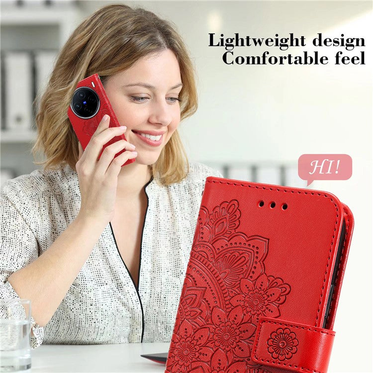 For vivo X200 5G Case PU Leather Wallet Floral Phone Cover Stand View - Red