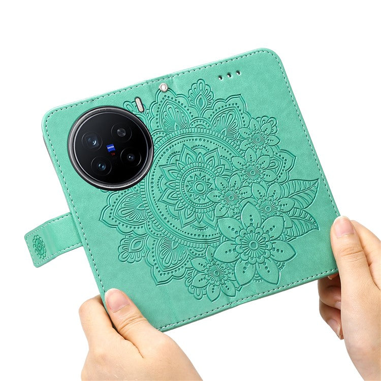 For vivo X200 Pro 5G Case PU Leather Wallet Floral Phone Cover Stand View - Green