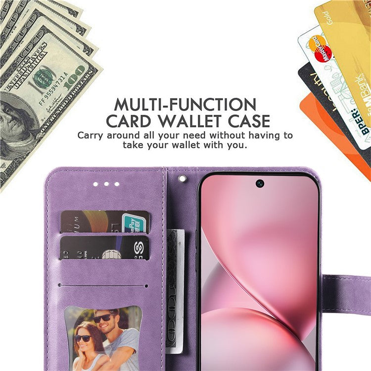 For vivo X200 Pro mini 5G Case PU Leather Wallet Floral Phone Cover Stand View - Purple