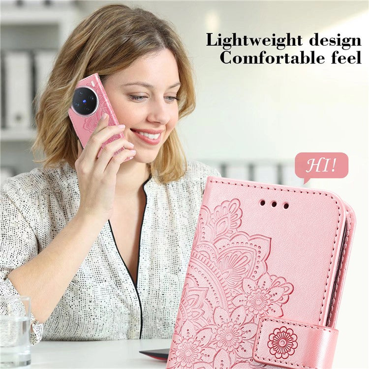 For vivo X200 Pro mini 5G Case PU Leather Wallet Floral Phone Cover Stand View - Pink