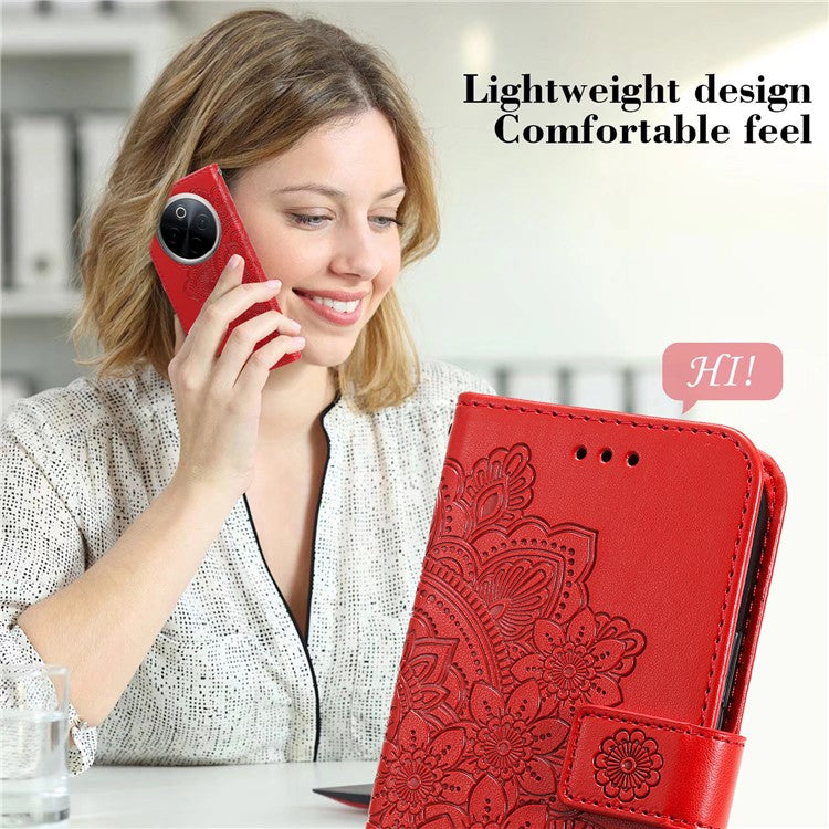 For vivo Y300 Pro 5G Case PU Leather Wallet Floral Phone Cover Stand View - Red