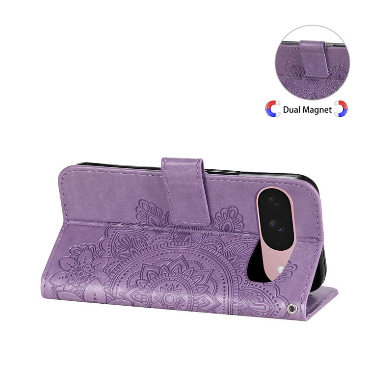 For Google Pixel 9a Case PU Leather Wallet Floral Phone Cover Stand View - Purple