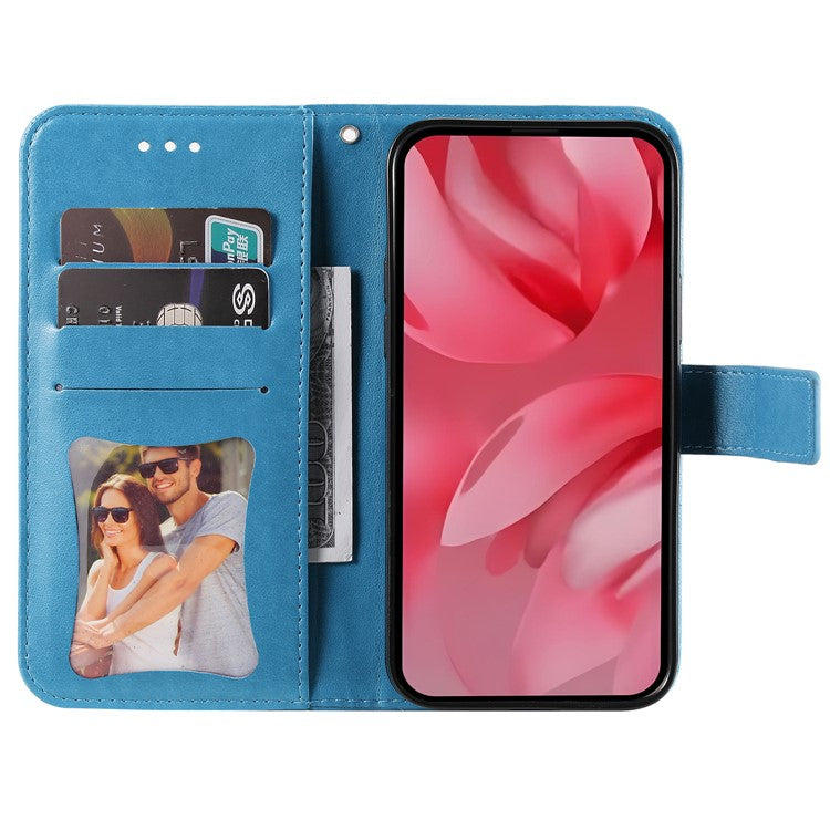 For Google Pixel 9a Case PU Leather Wallet Floral Phone Cover Stand View - Blue