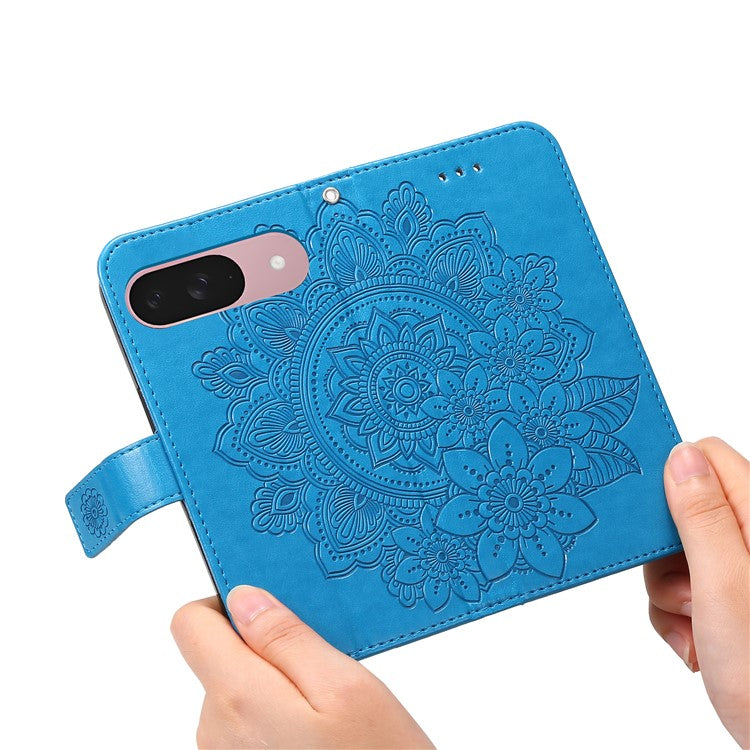 For Google Pixel 9a Case PU Leather Wallet Floral Phone Cover Stand View - Blue