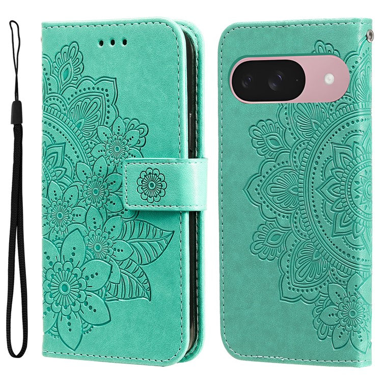 For Google Pixel 9a Case PU Leather Wallet Floral Phone Cover Stand View - Green