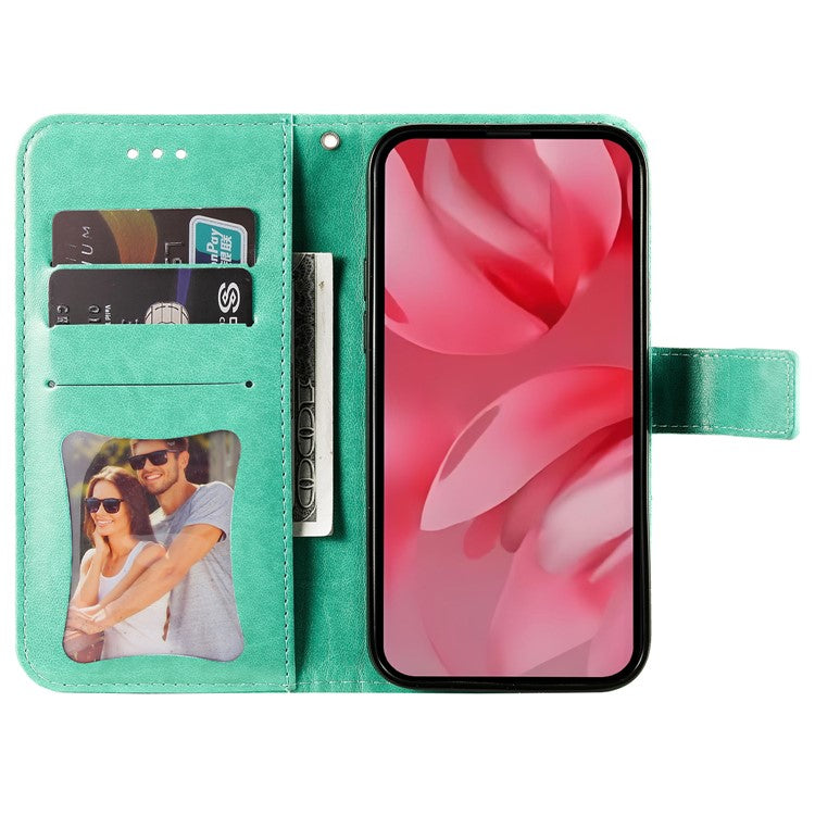 For Google Pixel 9a Case PU Leather Wallet Floral Phone Cover Stand View - Green