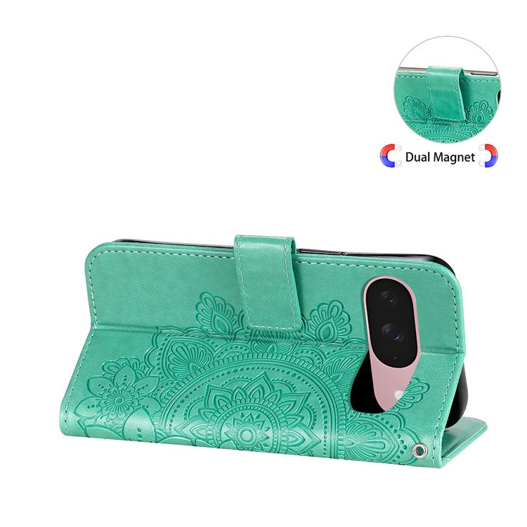 For Google Pixel 9a Case PU Leather Wallet Floral Phone Cover Stand View - Green