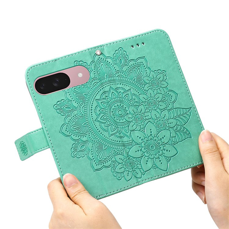 For Google Pixel 9a Case PU Leather Wallet Floral Phone Cover Stand View - Green