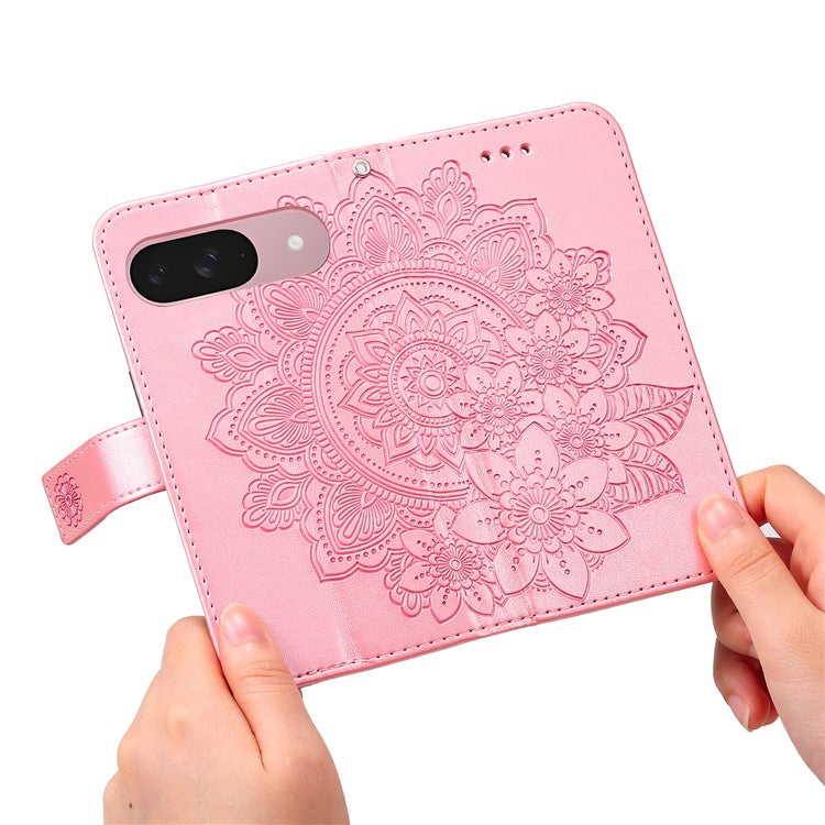 For Google Pixel 9a Case PU Leather Wallet Floral Phone Cover Stand View - Pink