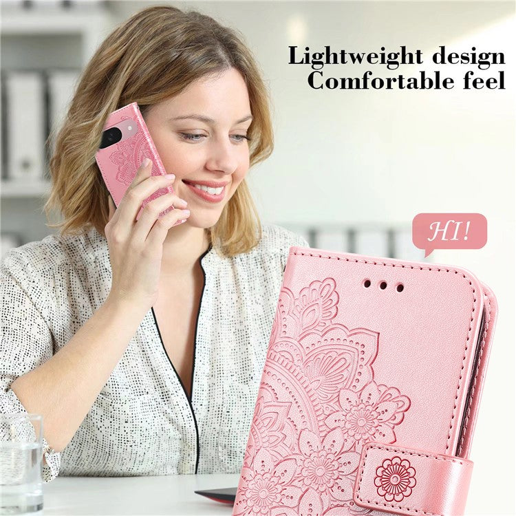 For Google Pixel 9a Case PU Leather Wallet Floral Phone Cover Stand View - Pink