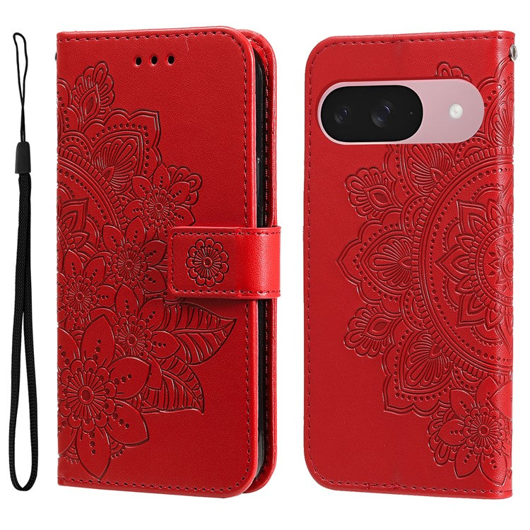 For Google Pixel 9a Case PU Leather Wallet Floral Phone Cover Stand View - Red