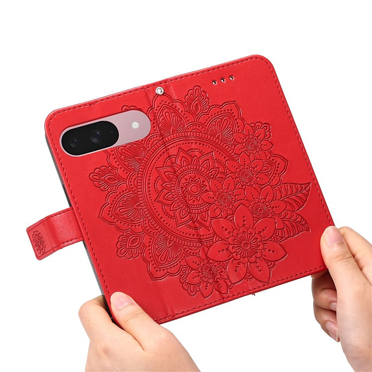 For Google Pixel 9a Case PU Leather Wallet Floral Phone Cover Stand View - Red