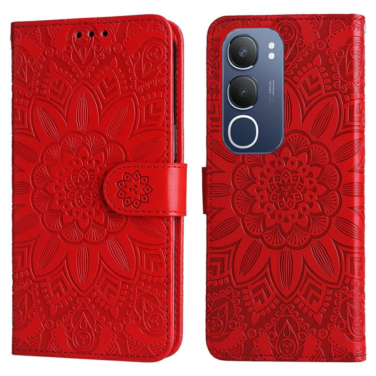 For vivo Y19s 4G Case Sunflower Imprint Leather Wallet Phone Cover - Red