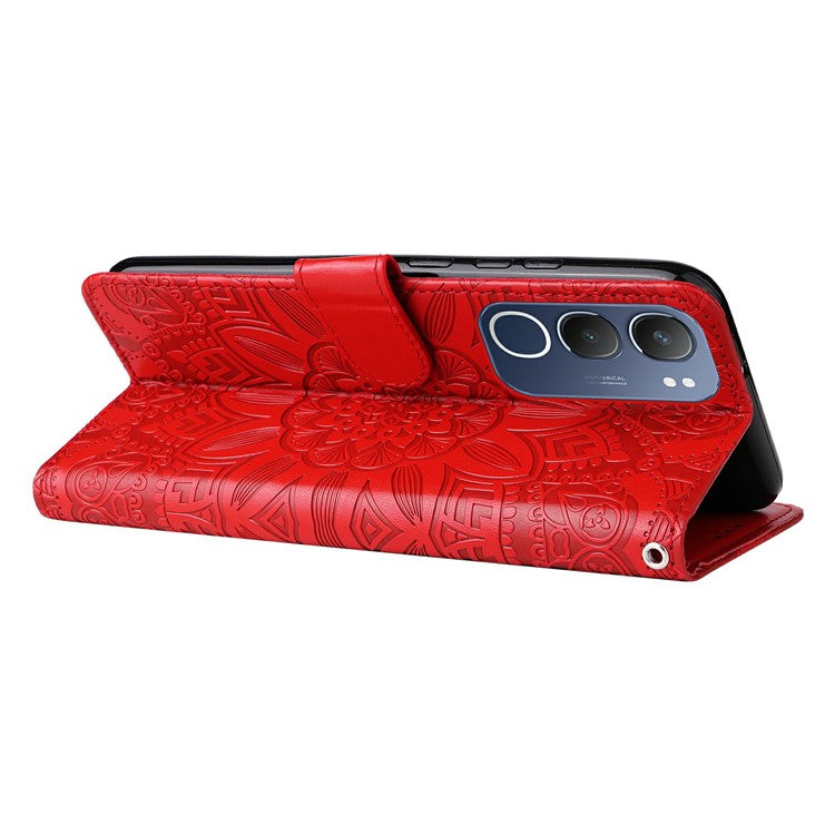 For vivo Y19s 4G Case Sunflower Imprint Leather Wallet Phone Cover - Red