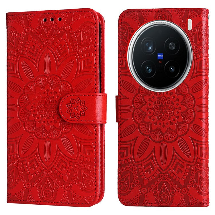 For vivo X200 Pro 5G Case Sunflower Imprint Leather Wallet Phone Cover - Red