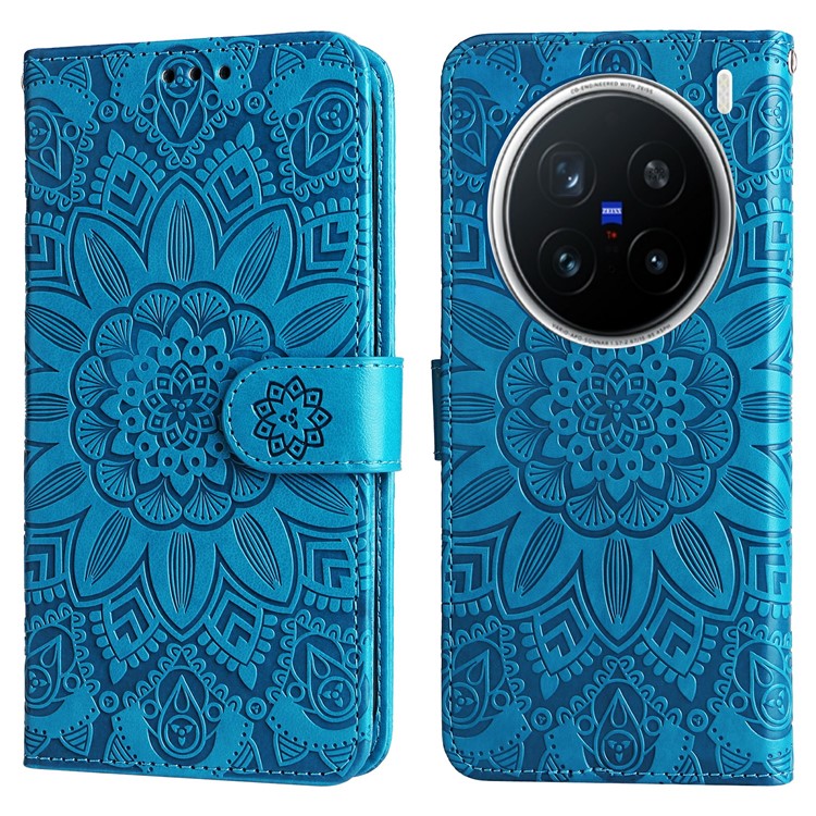 For vivo X200 Pro 5G Case Sunflower Imprint Leather Wallet Phone Cover - Blue