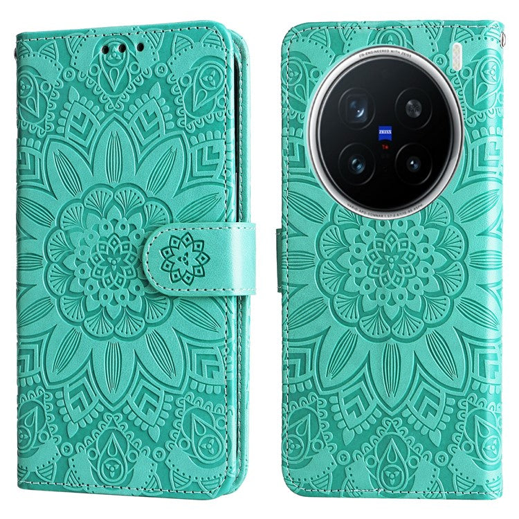 For vivo X200 Pro 5G Case Sunflower Imprint Leather Wallet Phone Cover - Green