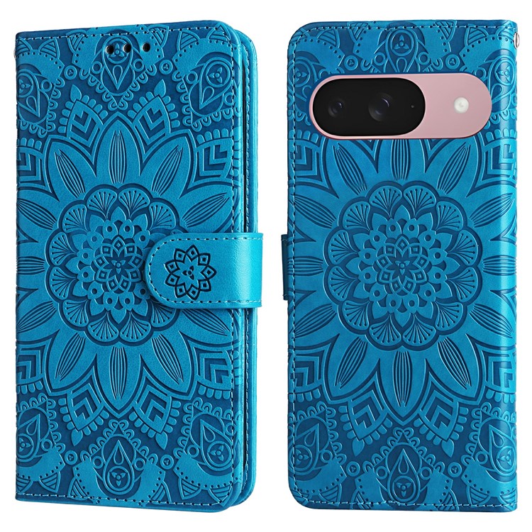 For Google Pixel 9a Case Sunflower Imprint Leather Wallet Phone Cover - Blue