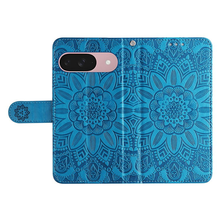 For Google Pixel 9a Case Sunflower Imprint Leather Wallet Phone Cover - Blue