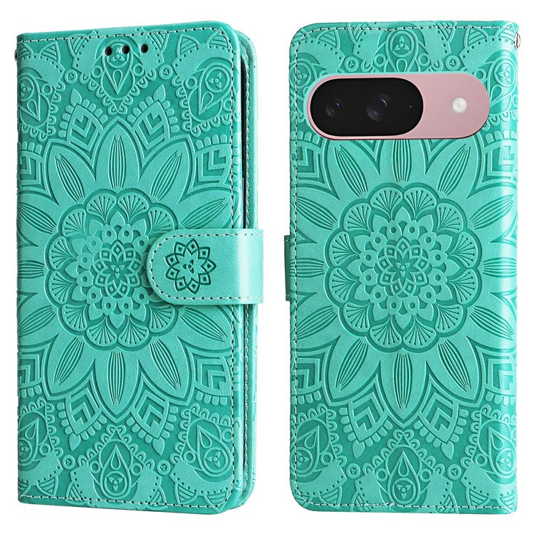 For Google Pixel 9a Case Sunflower Imprint Leather Wallet Phone Cover - Green