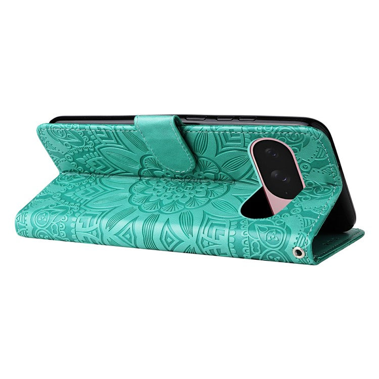 For Google Pixel 9a Case Sunflower Imprint Leather Wallet Phone Cover - Green