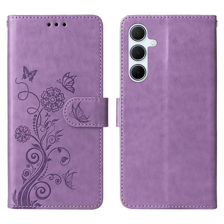 For Samsung Galaxy A56 5G / A36 5G Leather Case Butterfly Floral Imprint Wallet Stand Cover - Purple