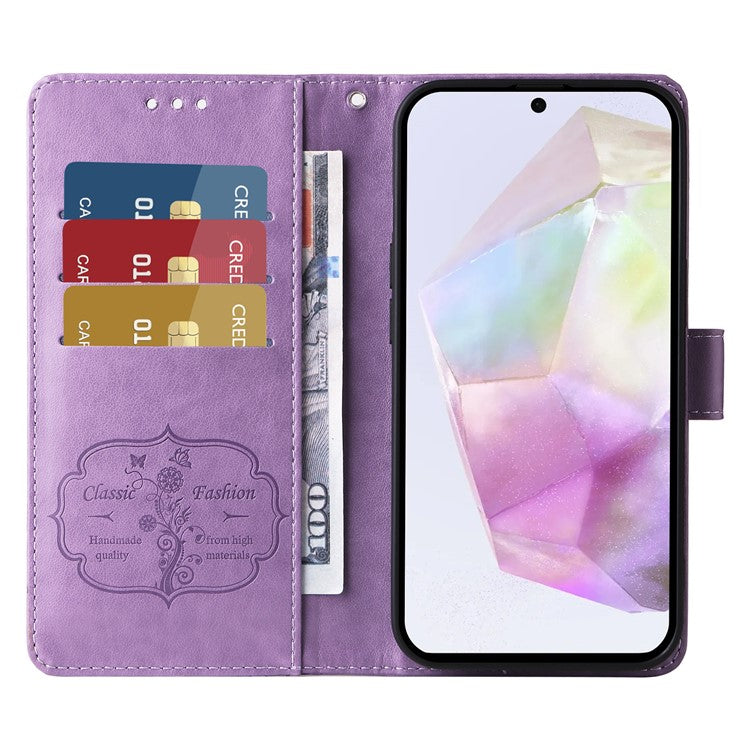 For Samsung Galaxy A56 5G / A36 5G Leather Case Butterfly Floral Imprint Wallet Stand Cover - Purple