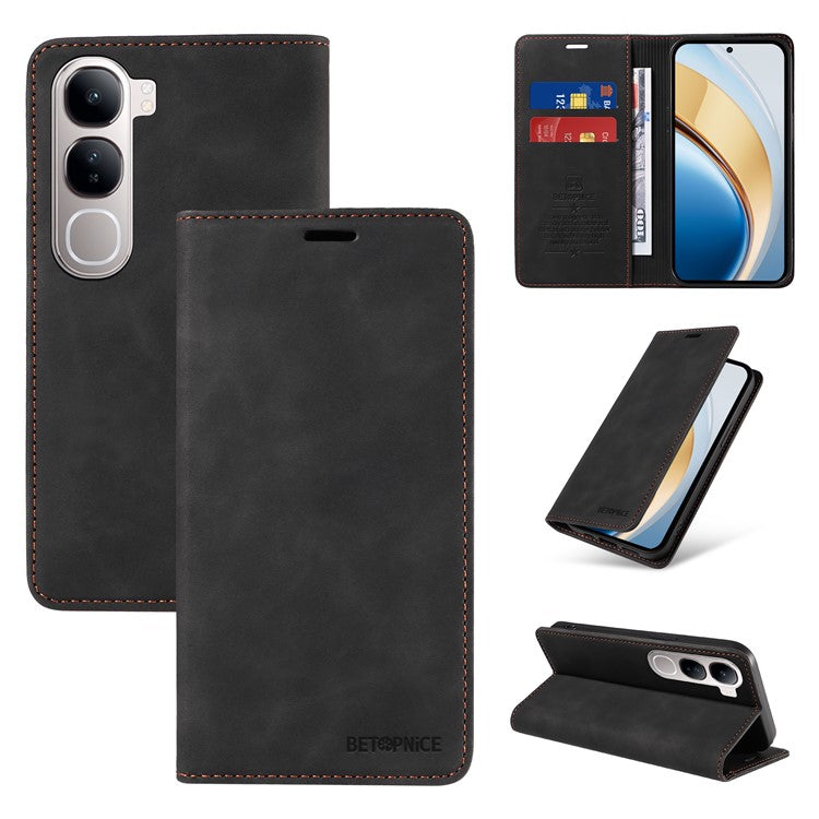 BETOPNICE 003 Wallet Phone Case for vivo Y300 5G / Y200 5G / V40 Lite (Indonesia) 5G / 4G Leather Cover with Stand - Black