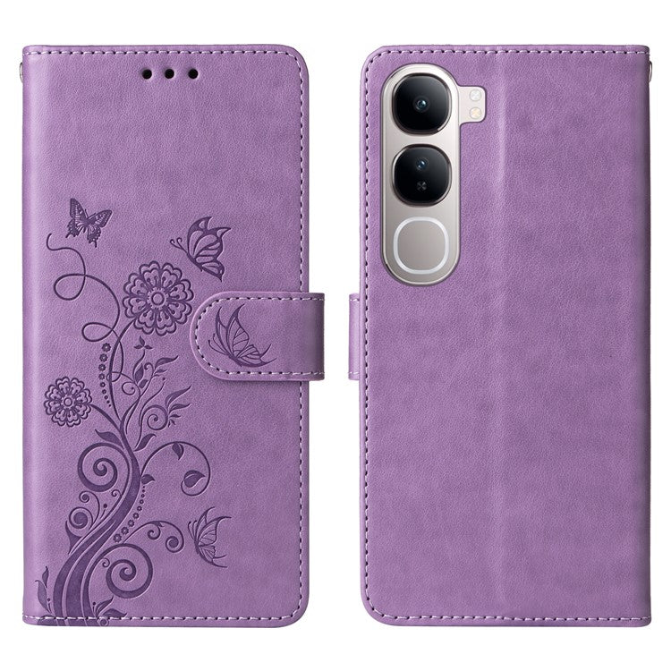 Leather Phone Case for vivo Y300 5G / Y200 5G / V40 Lite (Indonesia) 5G / 4G Butterfly Floral Imprint Wallet Stand Cover - Purple