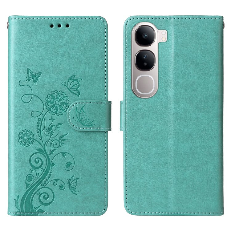 Leather Phone Case for vivo Y300 5G / Y200 5G / V40 Lite (Indonesia) 5G / 4G Butterfly Floral Imprint Wallet Stand Cover - Green