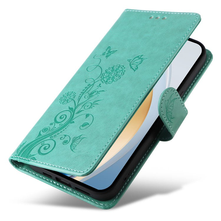 Leather Phone Case for vivo Y300 5G / Y200 5G / V40 Lite (Indonesia) 5G / 4G Butterfly Floral Imprint Wallet Stand Cover - Green