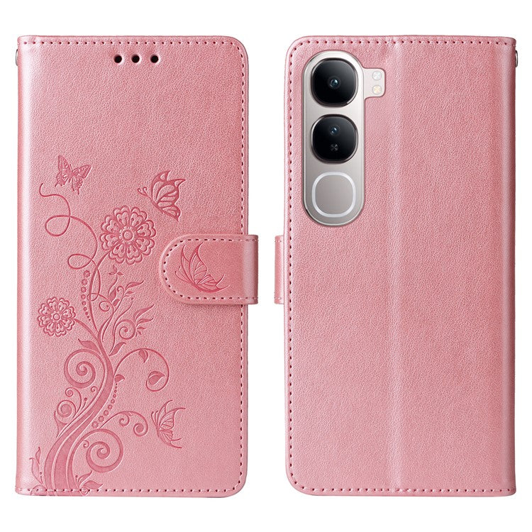 Leather Phone Case for vivo Y300 5G / Y200 5G / V40 Lite (Indonesia) 5G / 4G Butterfly Floral Imprint Wallet Stand Cover - Pink