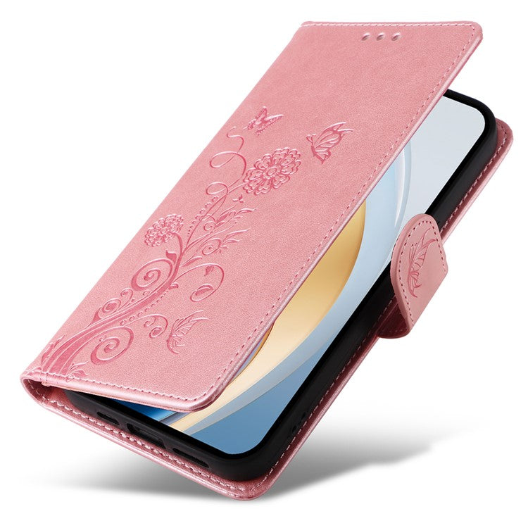 Leather Phone Case for vivo Y300 5G / Y200 5G / V40 Lite (Indonesia) 5G / 4G Butterfly Floral Imprint Wallet Stand Cover - Pink