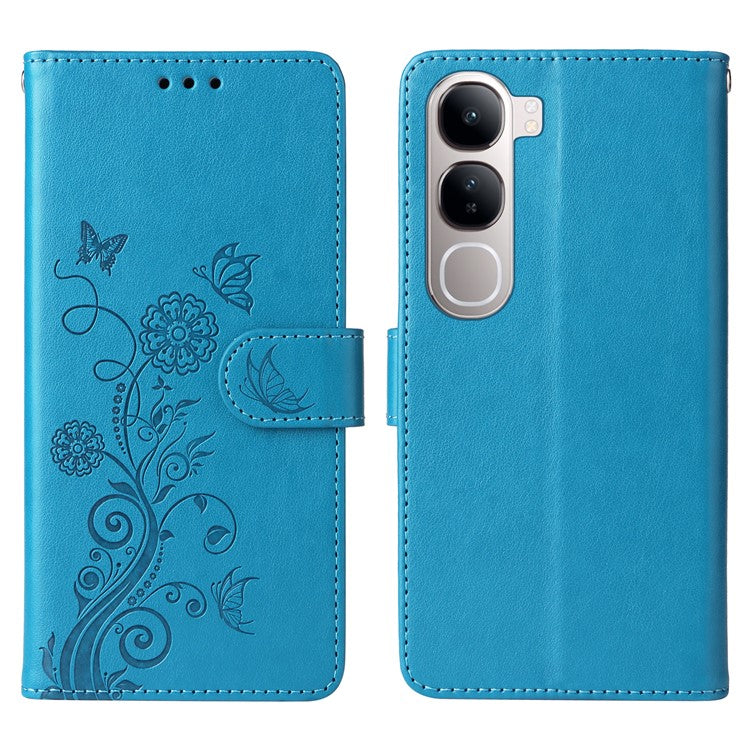 Leather Phone Case for vivo Y300 5G / Y200 5G / V40 Lite (Indonesia) 5G / 4G Butterfly Floral Imprint Wallet Stand Cover - Blue