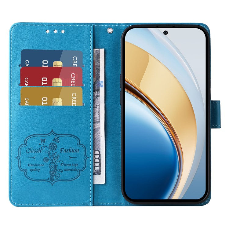 Leather Phone Case for vivo Y300 5G / Y200 5G / V40 Lite (Indonesia) 5G / 4G Butterfly Floral Imprint Wallet Stand Cover - Blue