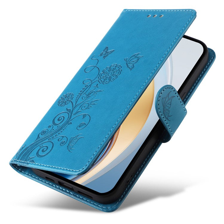 Leather Phone Case for vivo Y300 5G / Y200 5G / V40 Lite (Indonesia) 5G / 4G Butterfly Floral Imprint Wallet Stand Cover - Blue