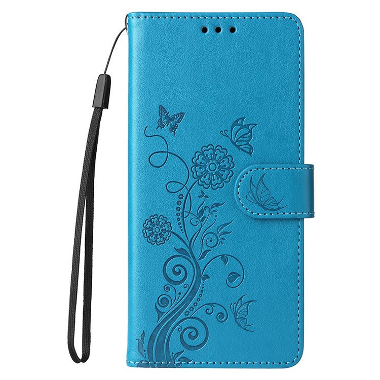 Leather Phone Case for vivo Y300 5G / Y200 5G / V40 Lite (Indonesia) 5G / 4G Butterfly Floral Imprint Wallet Stand Cover - Blue