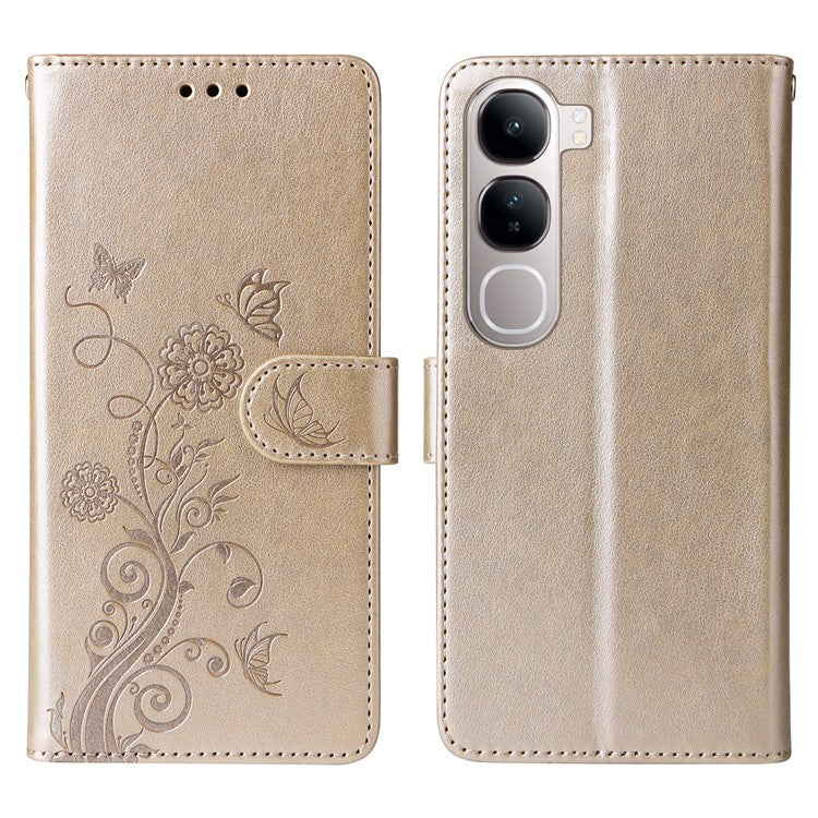 Leather Phone Case for vivo Y300 5G / Y200 5G / V40 Lite (Indonesia) 5G / 4G Butterfly Floral Imprint Wallet Stand Cover - Gold