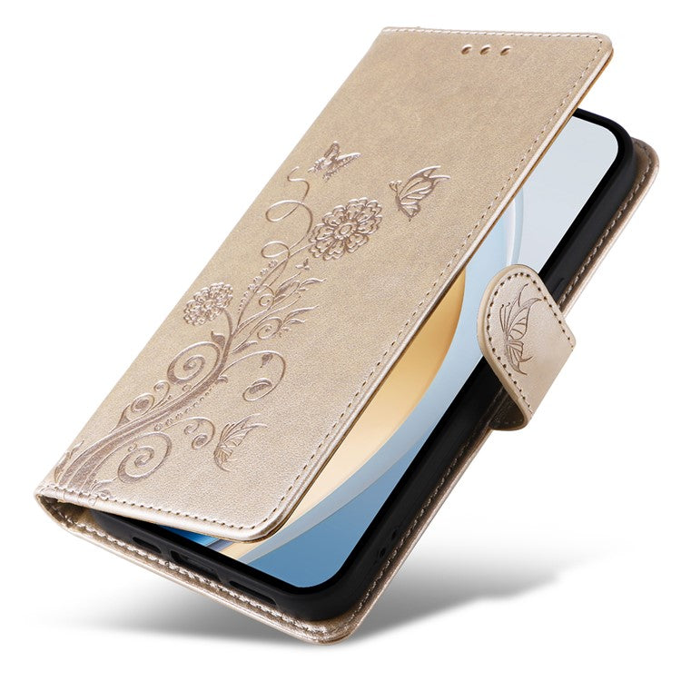 Leather Phone Case for vivo Y300 5G / Y200 5G / V40 Lite (Indonesia) 5G / 4G Butterfly Floral Imprint Wallet Stand Cover - Gold