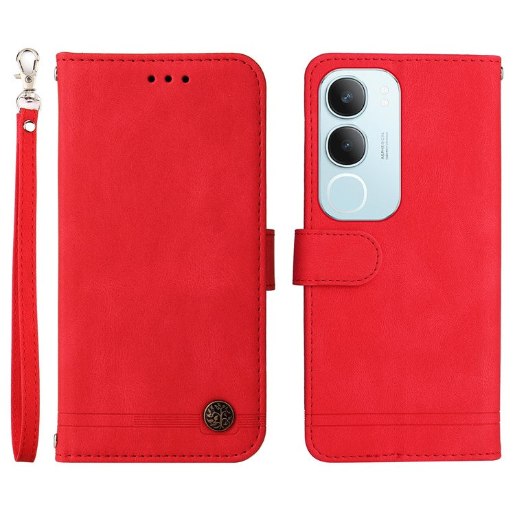 For vivo Y19s 4G Wallet Case Skin Touch Leather Phone Cover Tree Pattern Hardware - Red