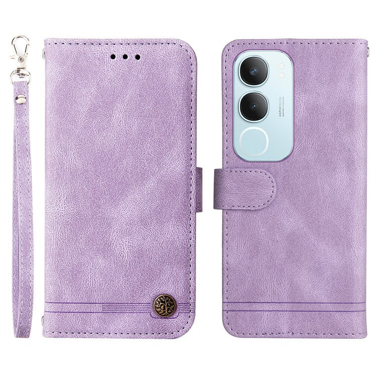 For vivo Y19s 4G Wallet Case Skin Touch Leather Phone Cover Tree Pattern Hardware - Purple