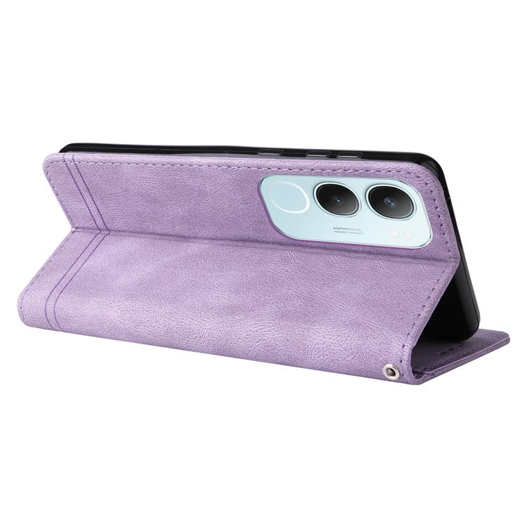 For vivo Y19s 4G Wallet Case Skin Touch Leather Phone Cover Tree Pattern Hardware - Purple