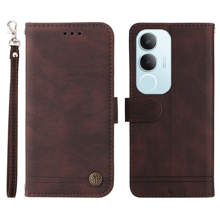 For vivo Y19s 4G Wallet Case Skin Touch Leather Phone Cover Tree Pattern Hardware - Brown