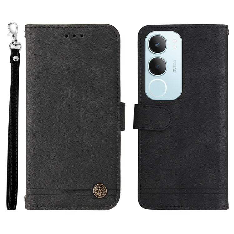 For vivo Y19s 4G Wallet Case Skin Touch Leather Phone Cover Tree Pattern Hardware - Black