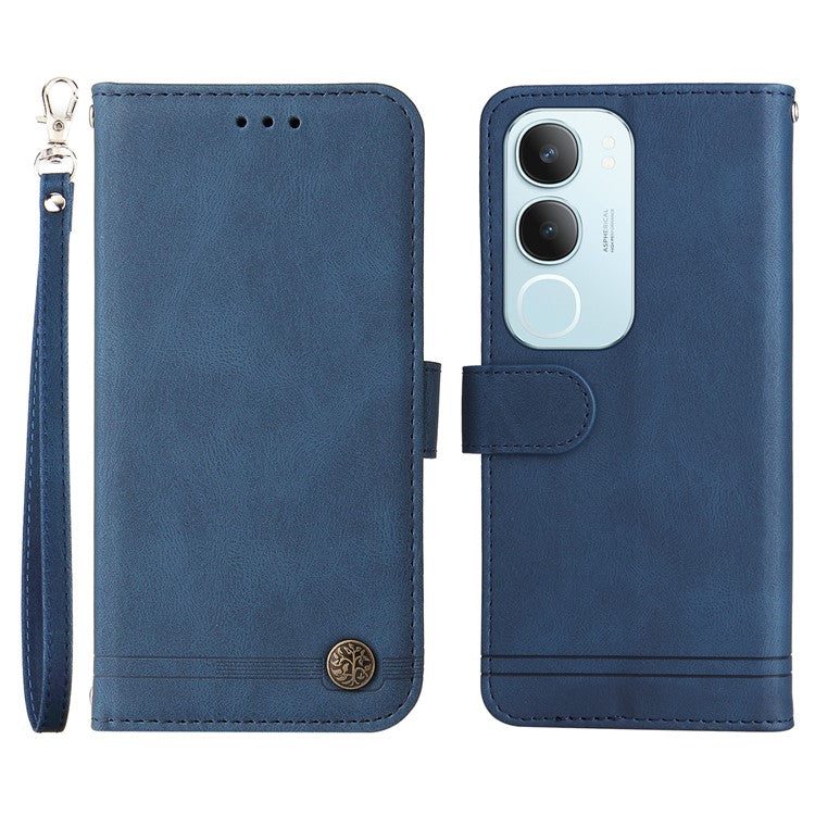 For vivo Y19s 4G Wallet Case Skin Touch Leather Phone Cover Tree Pattern Hardware - Blue