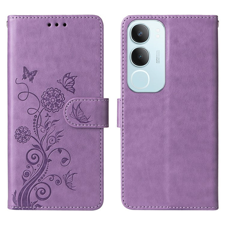 For vivo Y19s 4G Leather Case Butterfly Floral Imprint Wallet Stand Cover - Purple